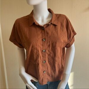Suite 2939 Rust Linen Blend Cropped Button-Front Shirt — Minimalist Boxy Top M